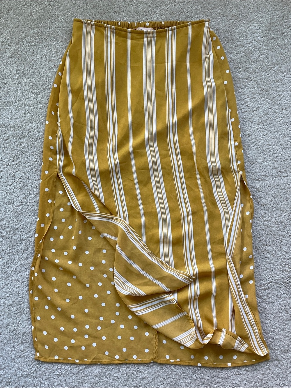 Mustard Yellow Midi Skirt with Mixed Stripe & Polka Dots